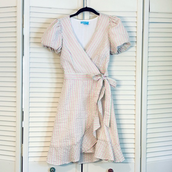 DRAPER JAMES RSVP Puff Sleeve Faux-Wrap Dress Pink and Green Striped XS - Picture 3 of 9